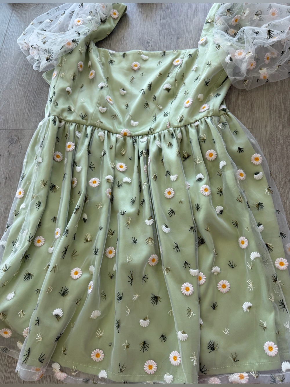 Sugar Thrillz Sage Green Daisy Embroidered Puff Sleeve Dress